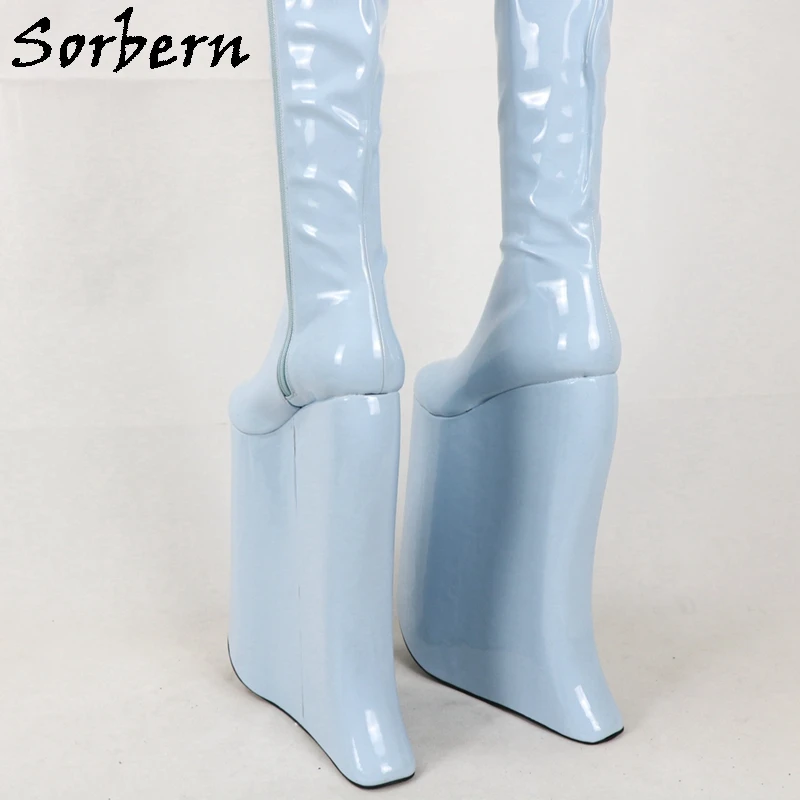 Сапоги женские Sorbern черные из лакированной кожи на высокой танкетке 15-40 см | Обувь