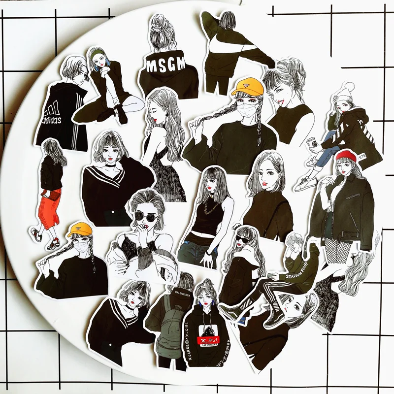 22Pcs/Set Travel Black White Sweater Girl Sticker DIY Craft Scrapbooking Album Junk Journal Happy Planner Decorative Stickers | Канцтовары