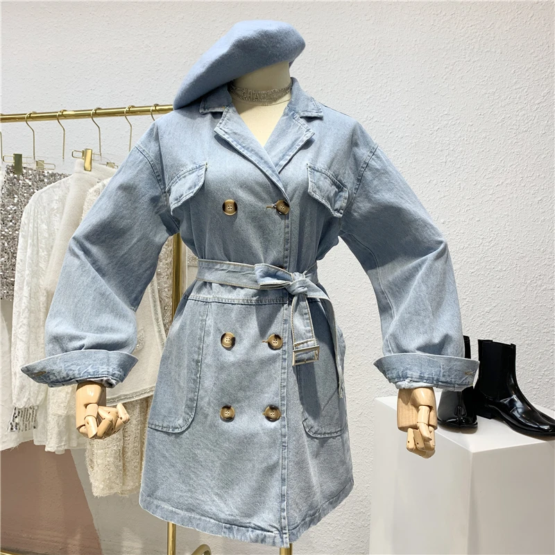 Женская уличная куртка с ремнем Весенняя Свободная джинсовая на шнурках в стиле