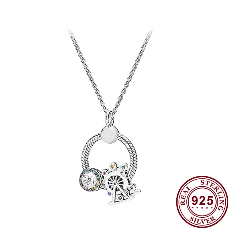 

100% S925 Sterling Silver O Pan necklace Colorful Rainbow Ferris Wheel String Decorated With Lucky Valentine's