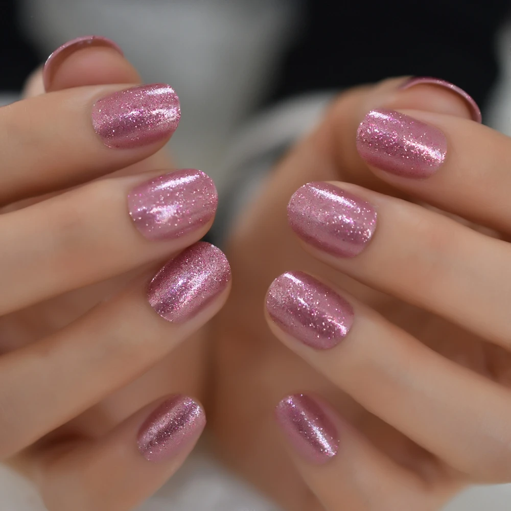 

Gorgeous Shimmer Rose Gold Fake Nails Short Round UV False Press on Nails for Girl Full Cover Easy Wear Finger Nail Art Tips