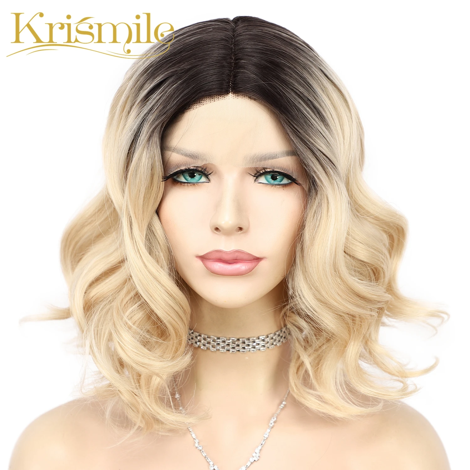 

Krismile Ombre Blonde Synthetic Lace Wigs Short Wave T Part Wig Party Daily for Women Make Up Celebrity Heat Resistant Fiber