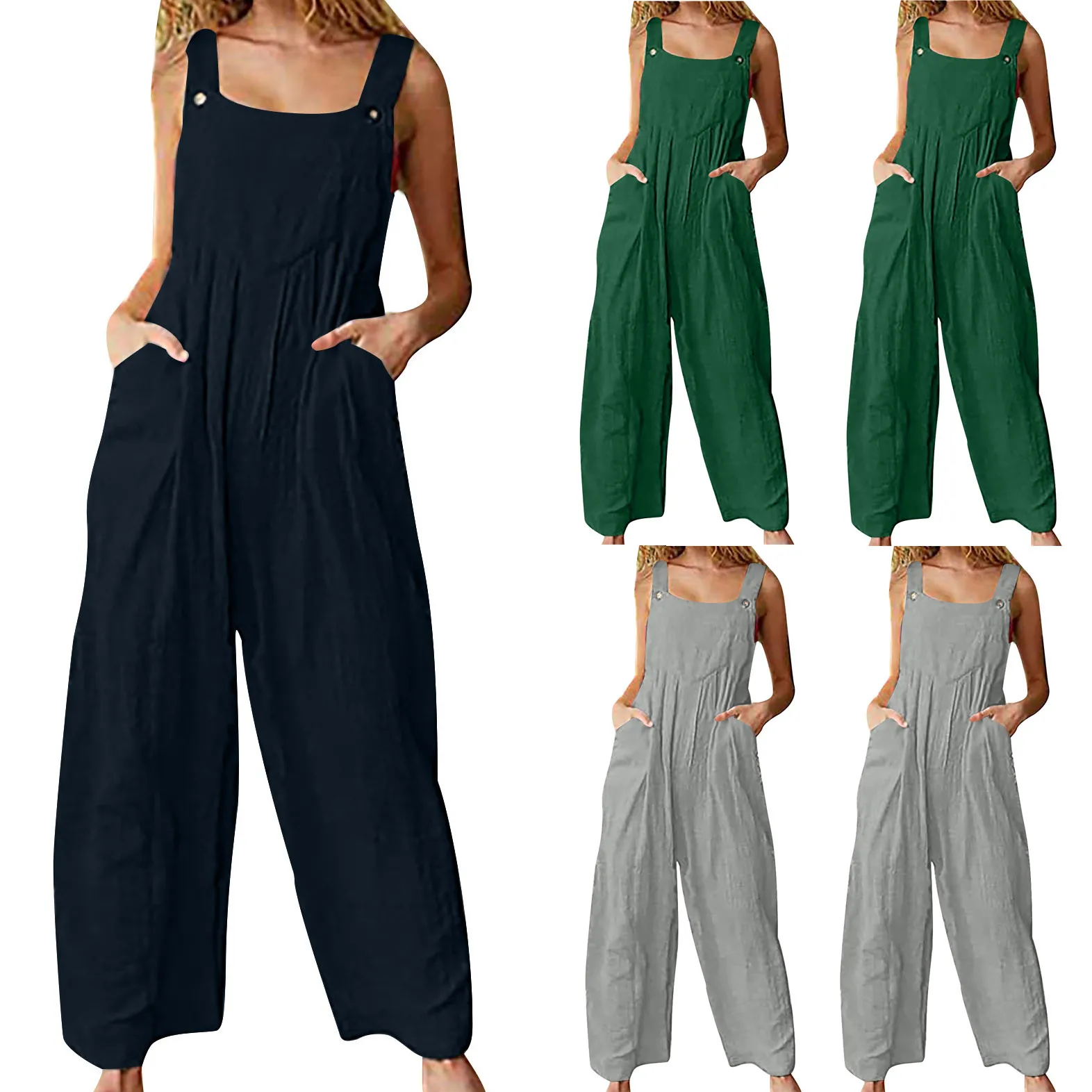 

2021 элегантные модные элегантные комбинезоны в богемном стиле из хлопка и льна в этническом стиле с однотонными пуговицами и карманами