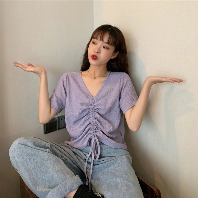 

Женские топы со складками и кулиской, летние повседневные однотонные футболки в Корейском стиле с коротким рукавом, женская одежда, свободн...