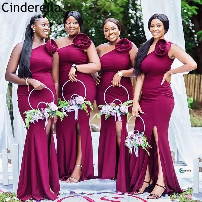

Burgundy Bridesmaid Dresses One Shoulder Floor Length Lace Up Back Silk Satin Side Slit Mermaid Wedding Party Bridesmaid Dresses