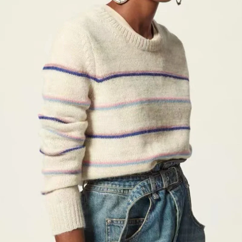 

Женский трикотажный свитер в полоску, Повседневный пуловер с длинным рукавом и круглым вырезом для ранней осени, 2021