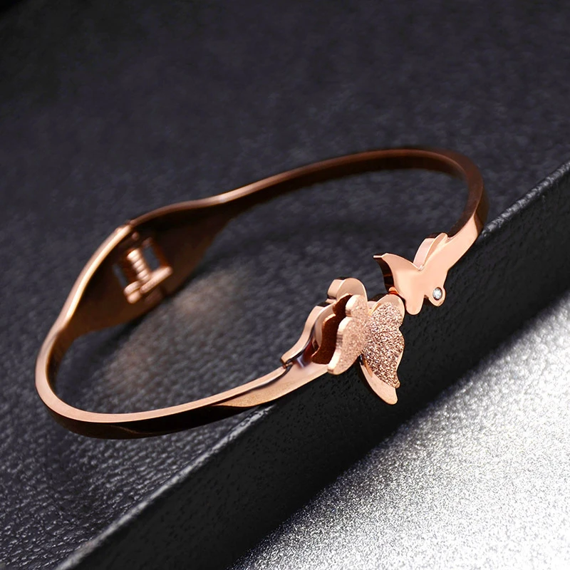 

Korean Style Double Layer Butterfly Bracelets For Women Men Fashion Gold Color Stainless Steel Bangles Friendship Jewelry Gifts