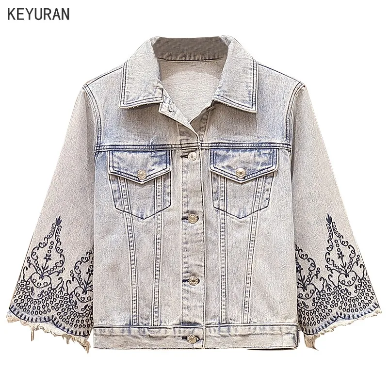 Женская джинсовая куртка с цветочной вышивкой повседневная шикарная свободная