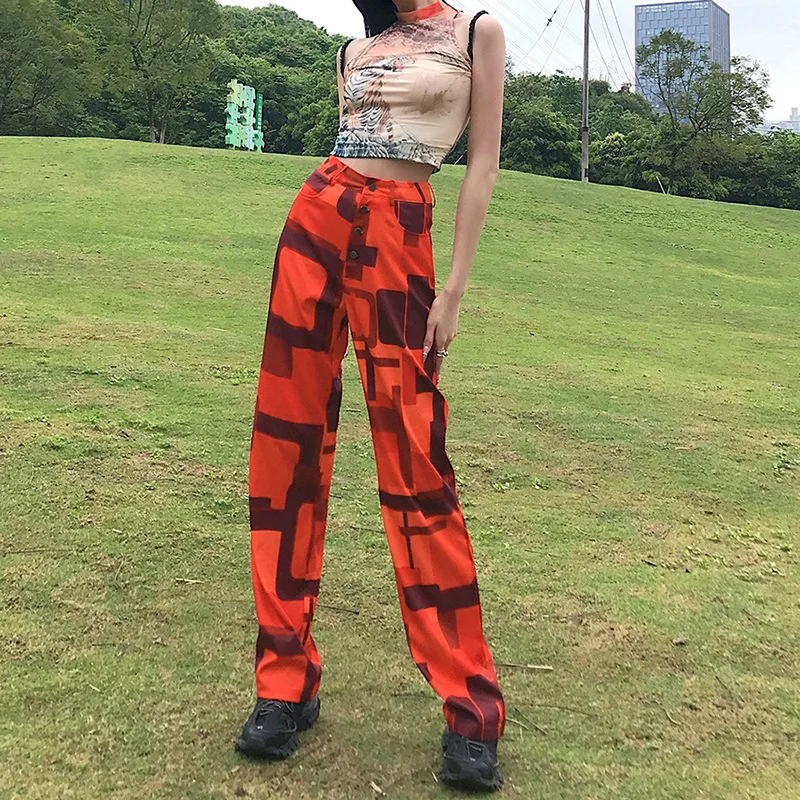 

Pantalones Bombachos Mujer 2021 Spring New Female Geometric Pattern Loose High Waist Bag Hip Fashion Trendy Straight Leg Pants