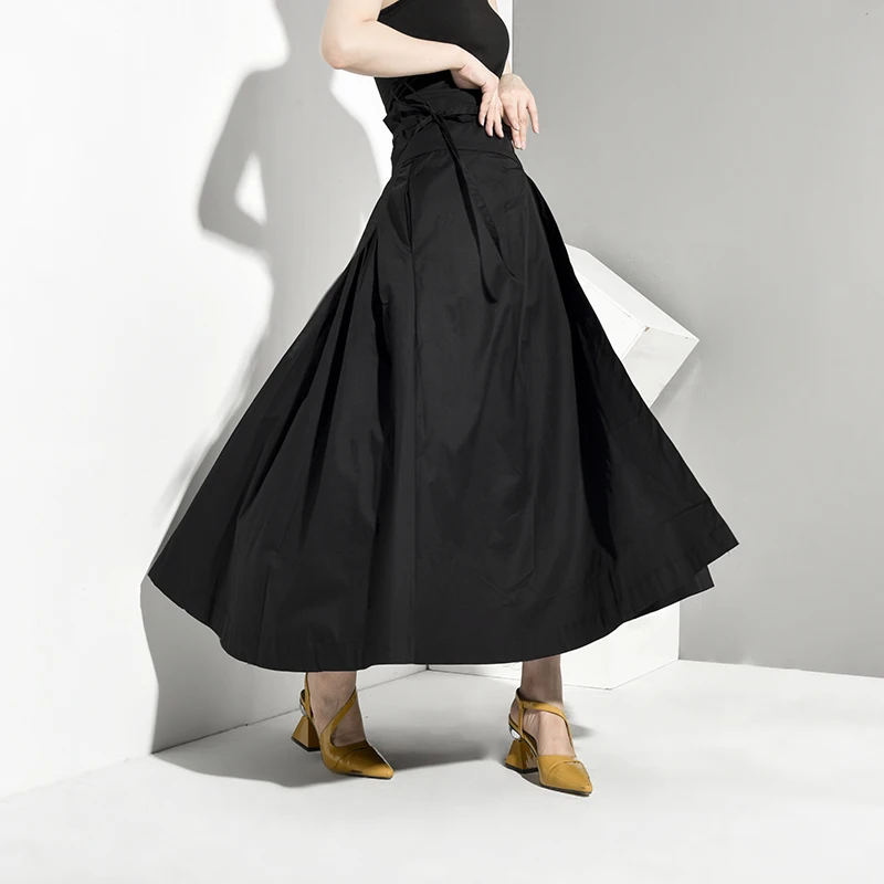 [EAM] High Waist Black Bandage False Two Spliced Loose Half-body Skirt Black Women Fashion Tide New Spring Autumn JR4780