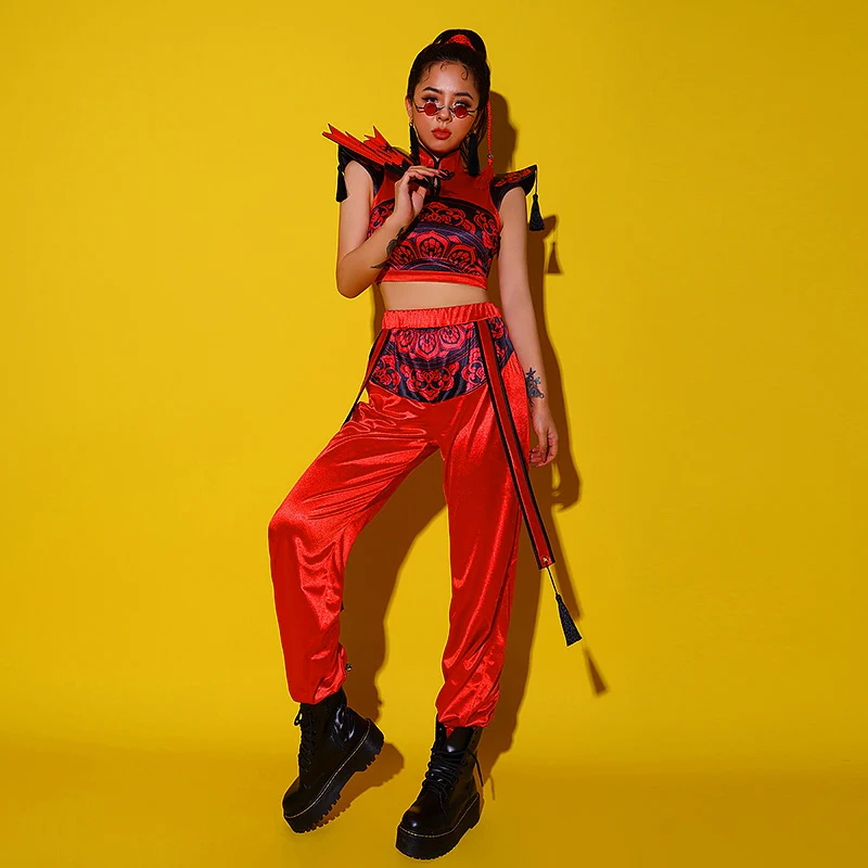 Kırmızı Hip Hop kostüm kadın caz performans kıyafet çin tarzı üstleri pantolon DJ giyim şarkıcı Gogo halk dans kostümü BL5683