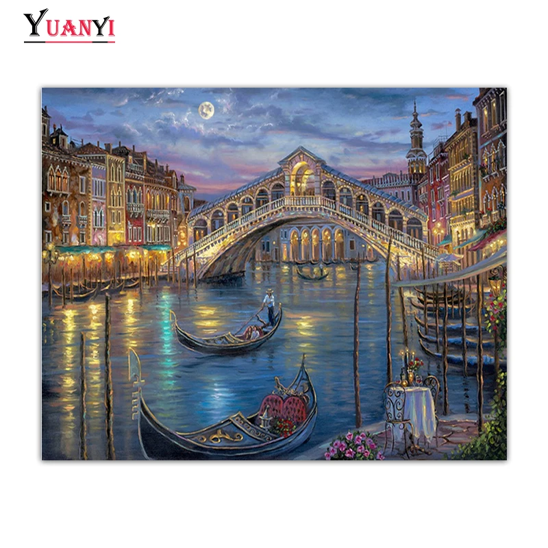 

Полноразмерная Алмазная мозаика с лунным светом, река, здания, полная круглая Алмазная вышивка «сделай сам», 5D живопись, ландшафтный Декор д...