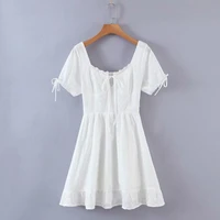 womens summer spring 2021 white lace up dress hollow out embroidery short sleeve square collar mini cute dress