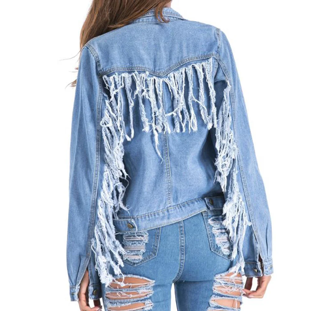 

Plus Size Blue Denim Jacket 4XL 5XL Turn-Down Collar Buttons Jeans Coat Streetwear Women Long Sleeve Fringe Tassel Jackets
