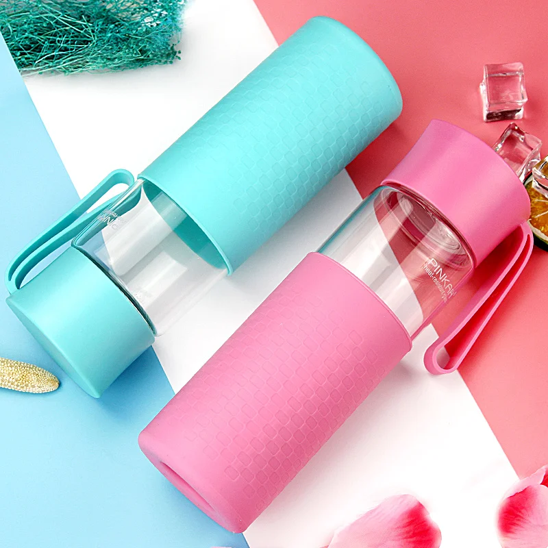 

PINKAH Glass Water Bottle BPA Free High Borosilicate Glass Tea Cup Leak-proof Portable With Protective Silicone Sleeve 400/500ML