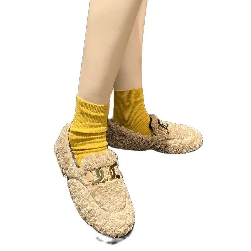 

New Metal Decoration Women Shoes Faux Fur Slip on Woman Loafers Solid Casual Shoes for Women Fashion Fur Flats Winter Warm Shoes