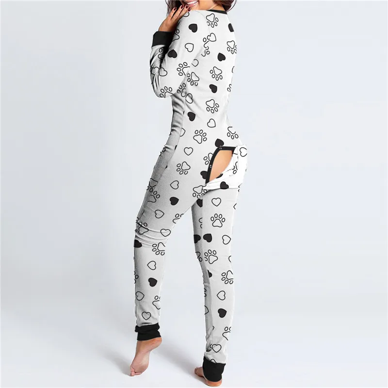 

HIRIGIN Valentine's Day Jumpsuits Long Sleeve Butt Flap Romper Women V-neck Heart Pow Print Sleepwear One Piece Night Outfits