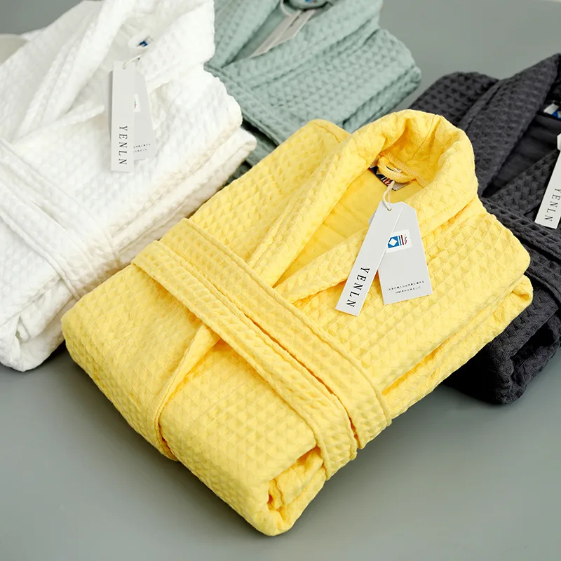 

JUNWELL Cotton Waffle Bathrobe Breathable Thick Cotton Dressing Gowns Long Bath Robe Hotel Spa Soft Homeware Robe