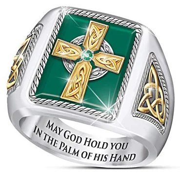 

Best selling Irish Celtic blessing ring gold-plated cross grandmother green ring men and women noble wedding holiday gift