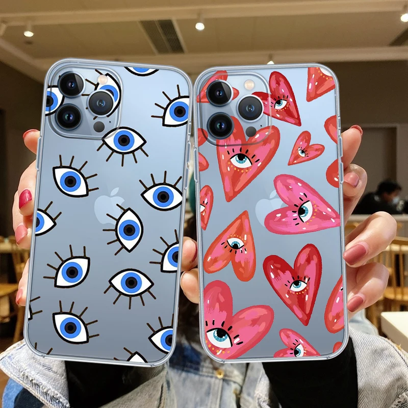 

Evil Eye Phone Case For iPhone 12 13 7 8 Plus X XR XS Max SE 20 Transparent Cute Love Heart Soft TPU For iPhone 11 Pro Max Cover