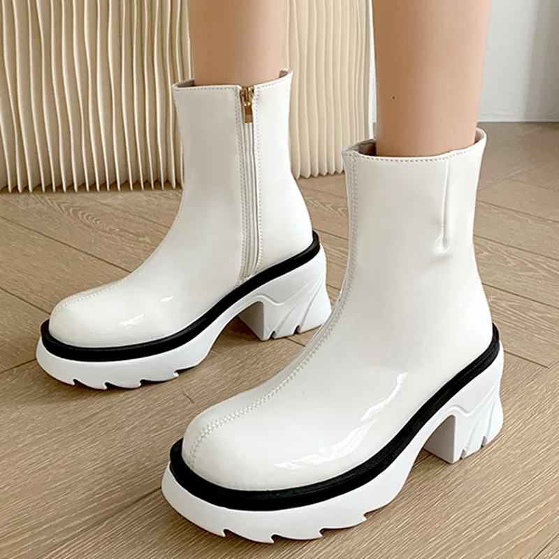 

Women's Ankle Boots Pu Leather Zipper Chunky Heel 2022 Autumn New Fashtion Paltform High Heel Round Head Women's Casual Boots