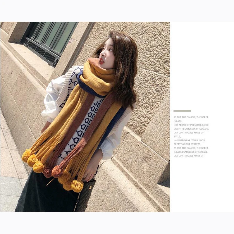 

Women Cashmere Scarf Fashion Thick Warm Autumn Winter Scarves Shawl Femme Pashmina Wool Stole Neck Long Scarf With Hairball