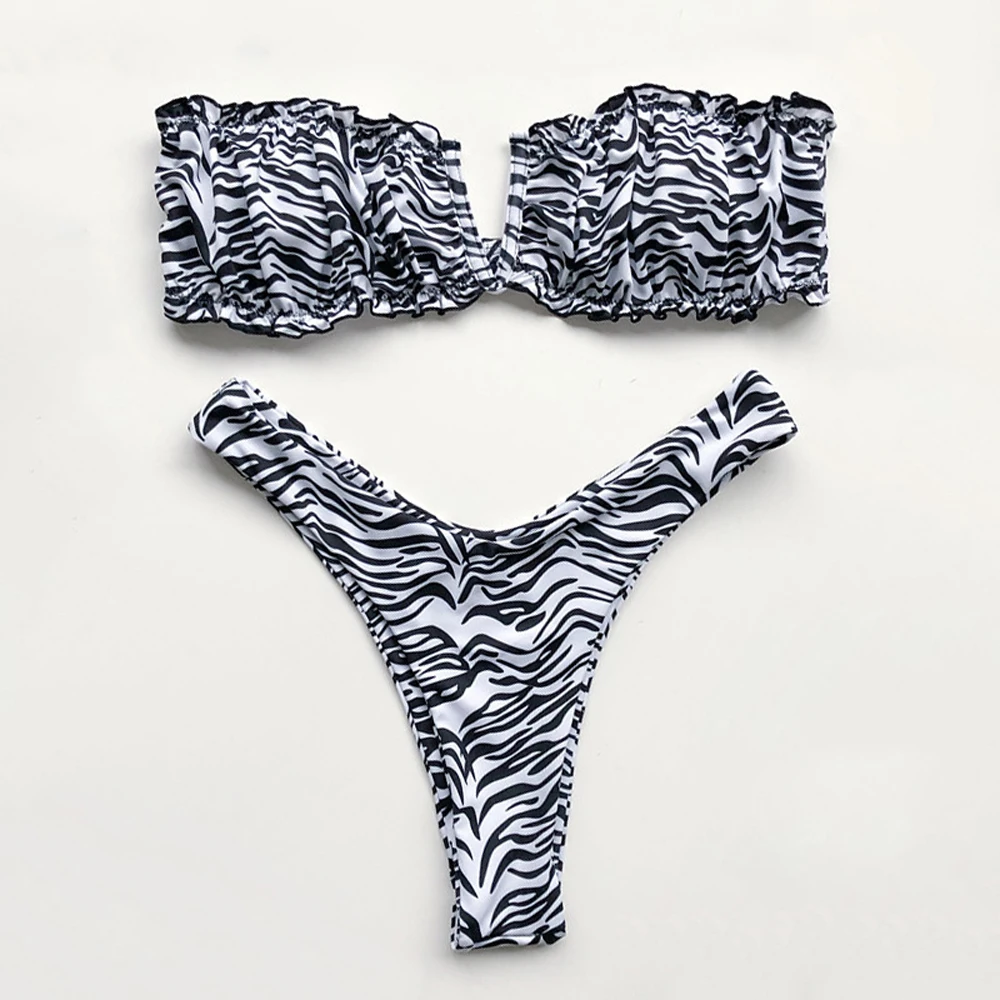 Женский купальник бандо бикини с леопардовым принтом v образный вырез