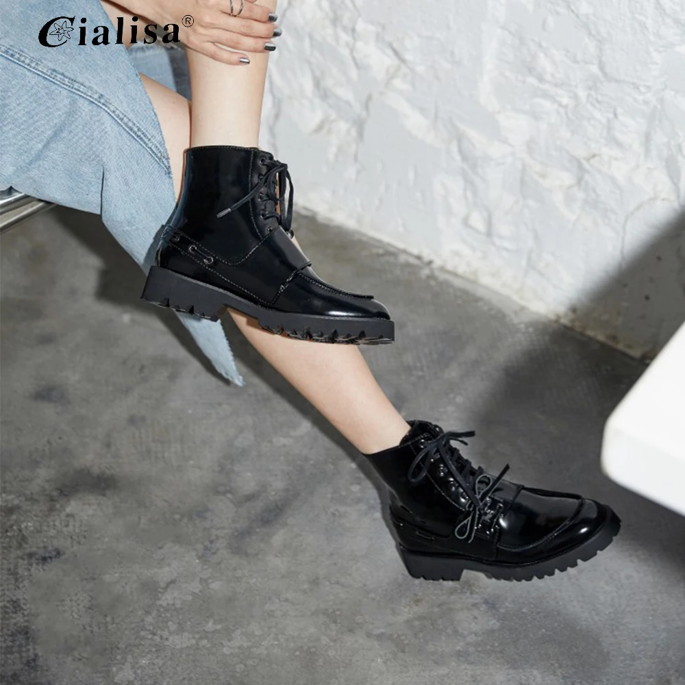 

CIALISA Boot For Women New Low Heel Round Toe Lace Up Genuine Leather Shoes Thick Heel Autumn Winter High Quality Boots
