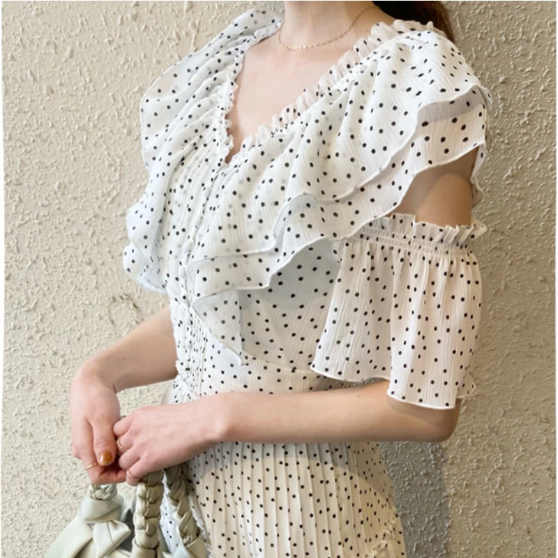 

e Slim Waist Dresses Summer Elegant Trendy Vestidos V-neck Ruffle Hollow Out Polka Dot Print Woman Dress Sweet Japan Styl
