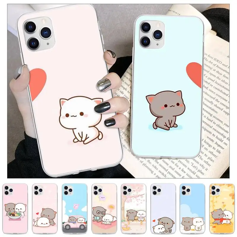 

Peach Cat Cute Cartoon Couple Phone Case For Xiaomi Redmi K30s Ultra Note 9 9s Pro Max Mi 10 Lite 11 10T Pro Transparent Cover