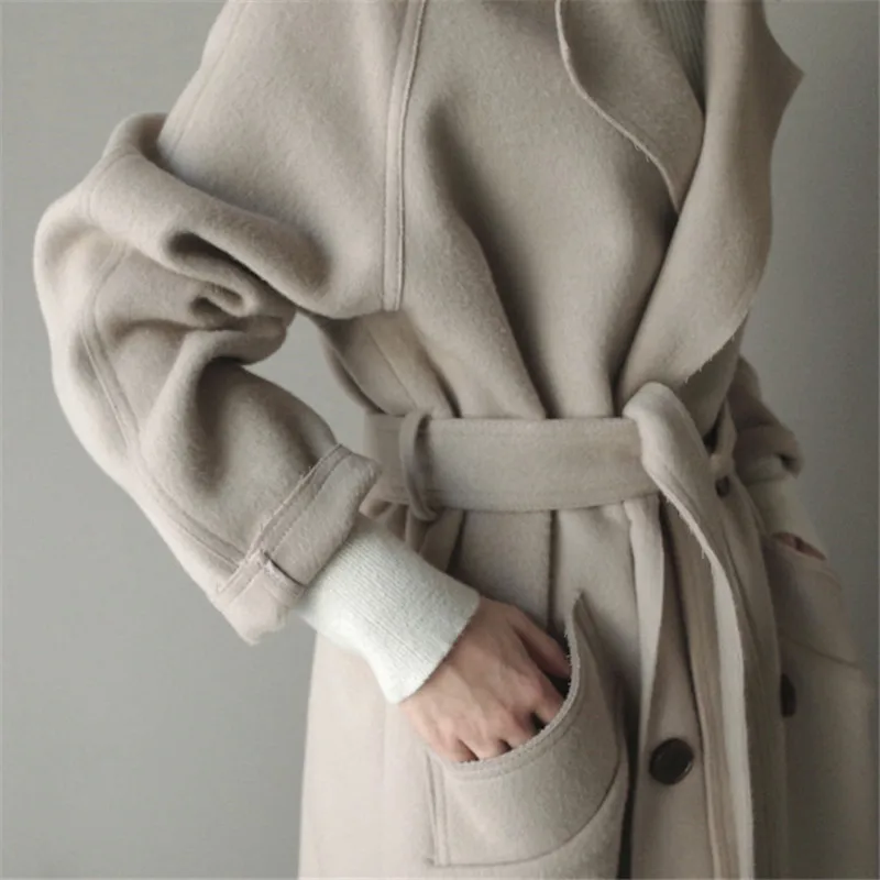 

2020 New Autumn Winter Cashmere Woolen Coat Double-breasted Women Jacket With Belt Casual Outerwear Femme Hiver R1101
