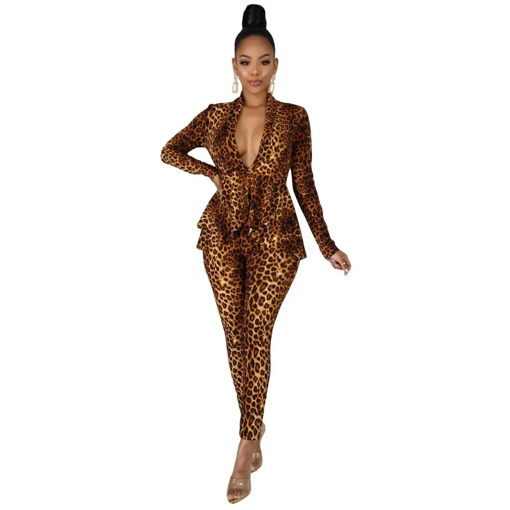 Autumn Spring Women Set Tracksuit Full Sleeve Ruffles Top Long Pants Leopard Print Two Piece Fashion Casual OL Work Outfits |