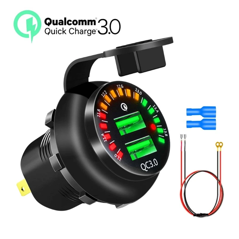 

H9EB Waterproof 12V Dual QC3.0 USB Car Fast Charger Socket with LED Voltmeter for Marine Boat SUV Motorcycle Golf Cart