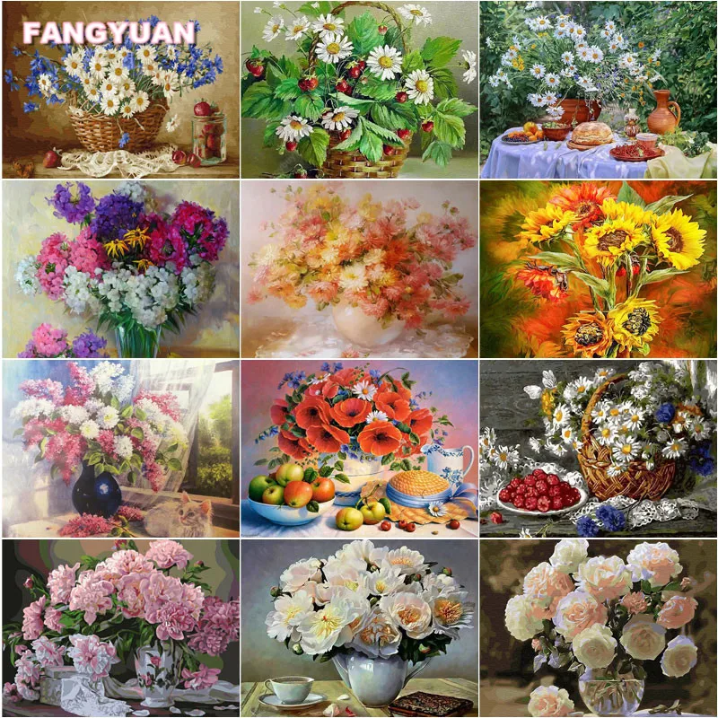 

Алмазная живопись, винтажное украшение для дома, виды красивых красочных цветов, корзина и фрукты, Набор для вышивки крестиком, подарок