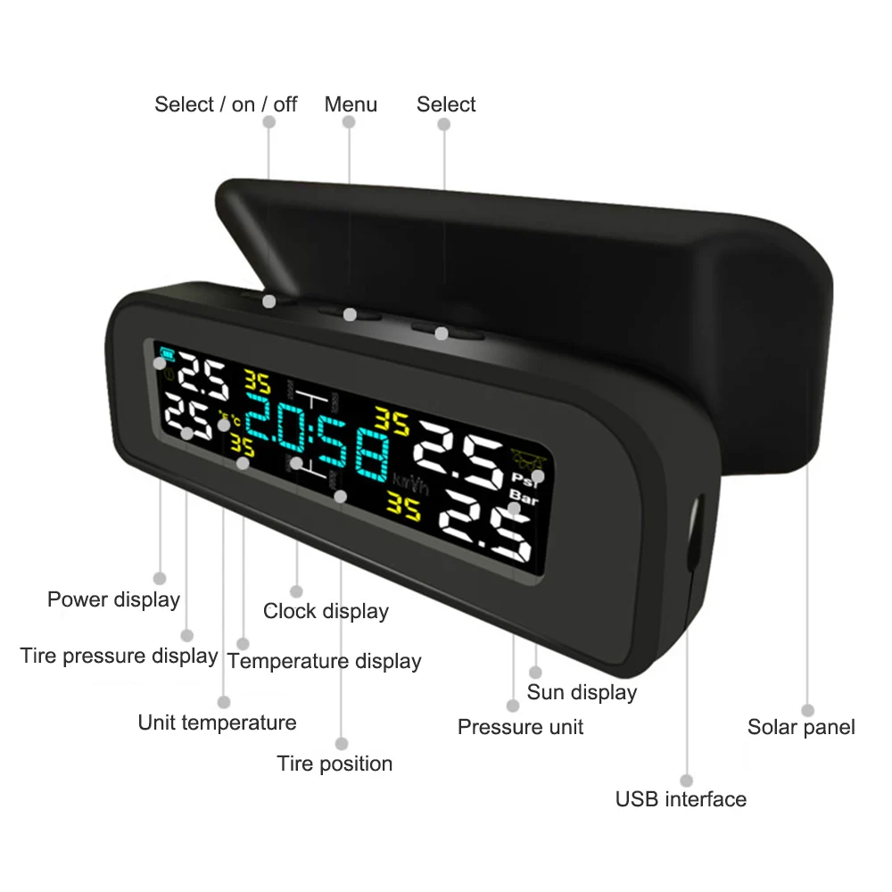

Car TPMS Tire Pressure Monitoring System Car Wireless Solar Charging Alarm System TPMS 4 External Sensors, LCD Display 2020 New