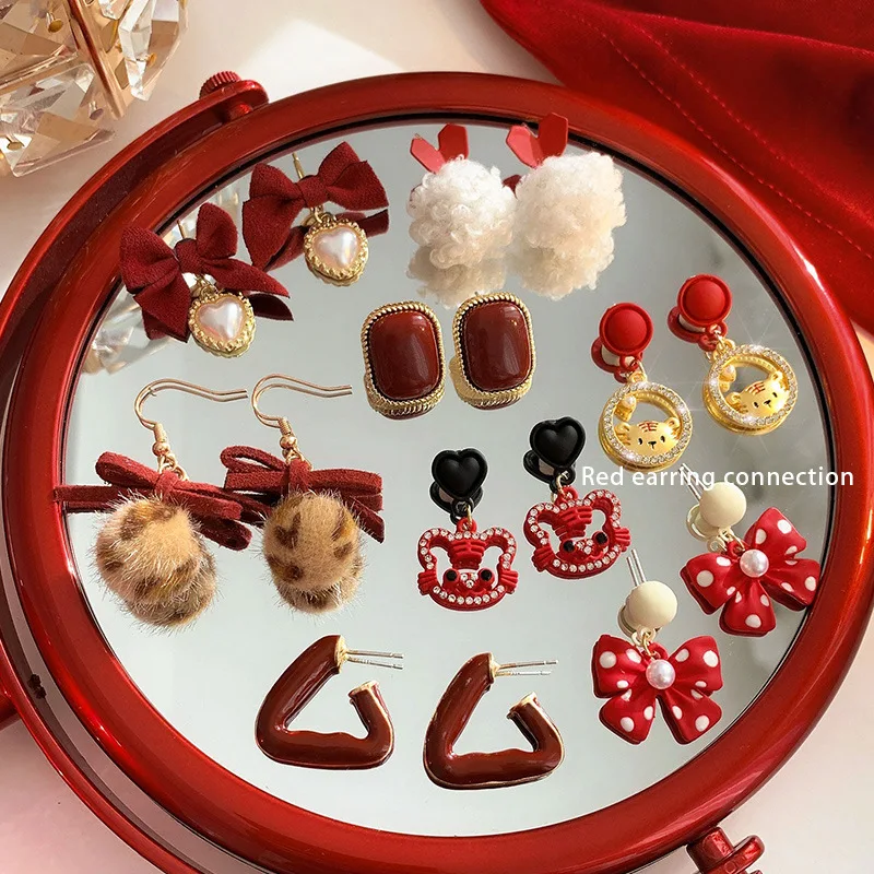 

LOVOACC Cute Multi Designs Red Color Bowknot Plush Ball Earrings for Women Pluffy Heart Geometric Tiger Dangle Earrings Jewelry