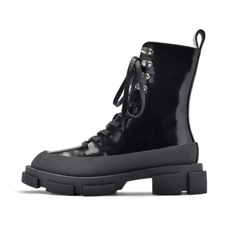 black leather Prova Perfetto г., модные черные женские ботильоны ботинки для верховой езды на толстой резиновой подошве на толстом каблуке ботинки на резиновой платформе на шнуровке, Botas Mujer - Цвет: black leather