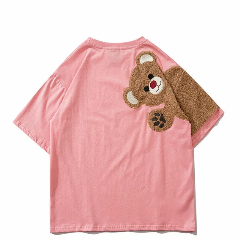 

Bear stitching t-shirt women Summer loose oversized round neck short sleeves Student cute black t-shirt Unisex Pure cotton top