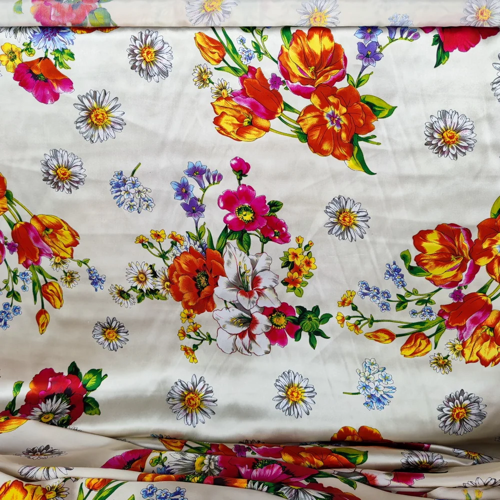 

tailor shop 100% silk satin silk mulberry silk cream with bright flowers multiple color flowers printed satin fabric