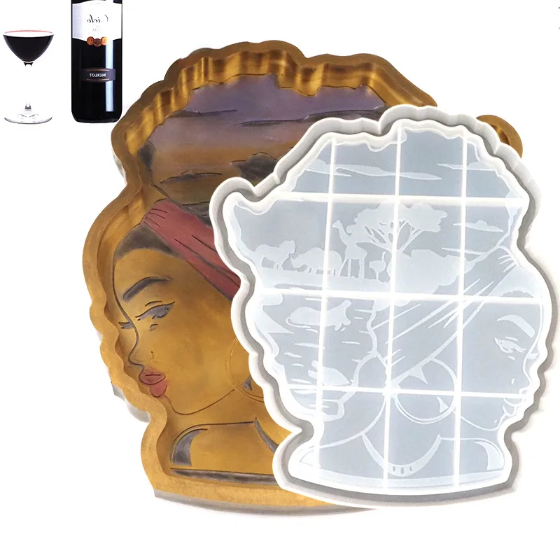 

DIY Crystal Glue Mold Fruit Plate Large Tray Coaster Plate Creative Resin African Goddess Head Silicone Mold
