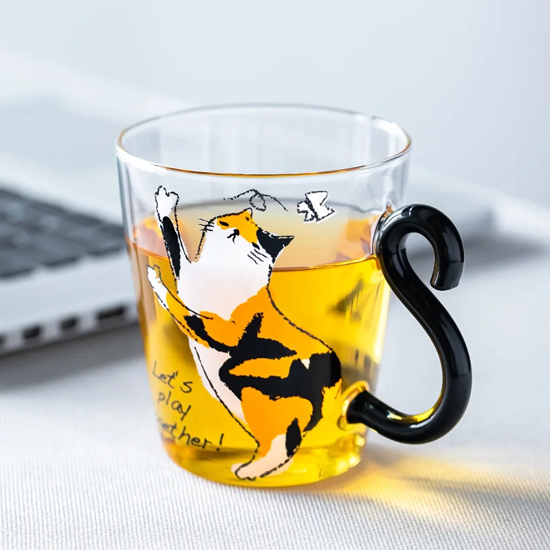 

250ML Cute Cat Glass Juice Coffee Cup Milk Tea Coffee Glass Mug Cat Tail Handle Cat Valentine's Day Lover Gifts Stainless Spoon