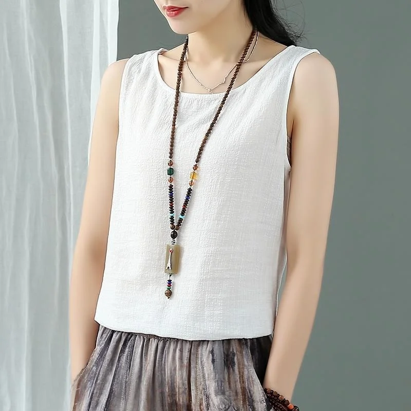 

Woman Shirts Sleeveless Solid Cotton Line Vestsummer Tank Tops Women 2021 Vintage O Neck Casual Tanks Camis Mom Shirt Female