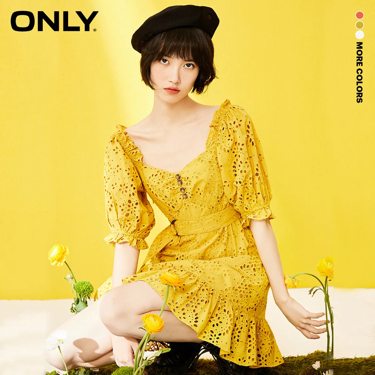 

ONLY 2020 summer new square neck puff sleeves ruffled waist French retro dress | 120207578