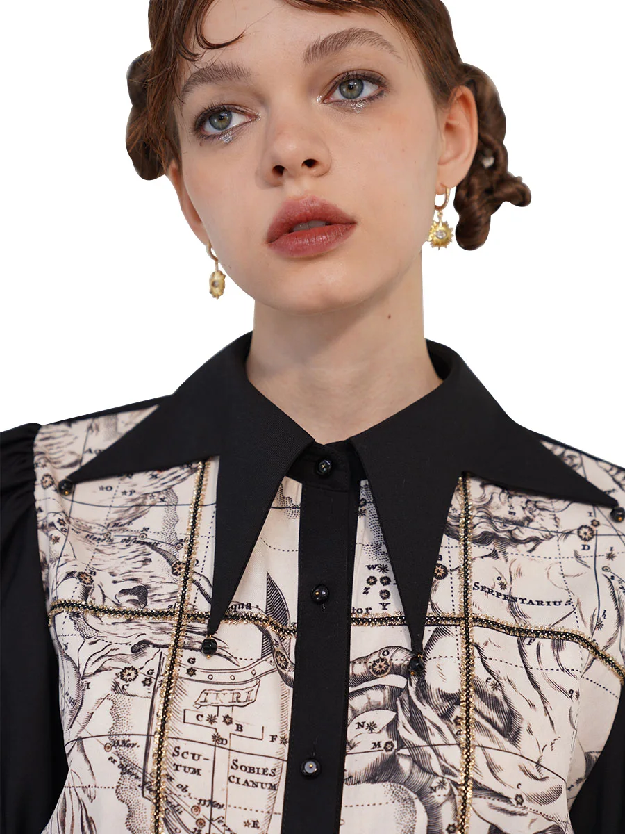 2023 Spring Women Original Design Artistic Hand-Painted Sequins Star Collar Puff Sleeve Shirt