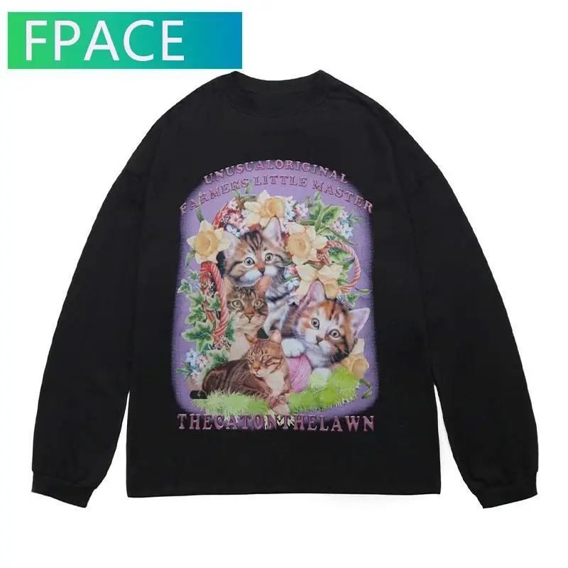 

FPACE Tshirts Streetwear Harajuku Cats Print Long Sleeve Tees Shirts Hip Hop Casual Loose T-Shirt Fashion Mens Cotton Tops