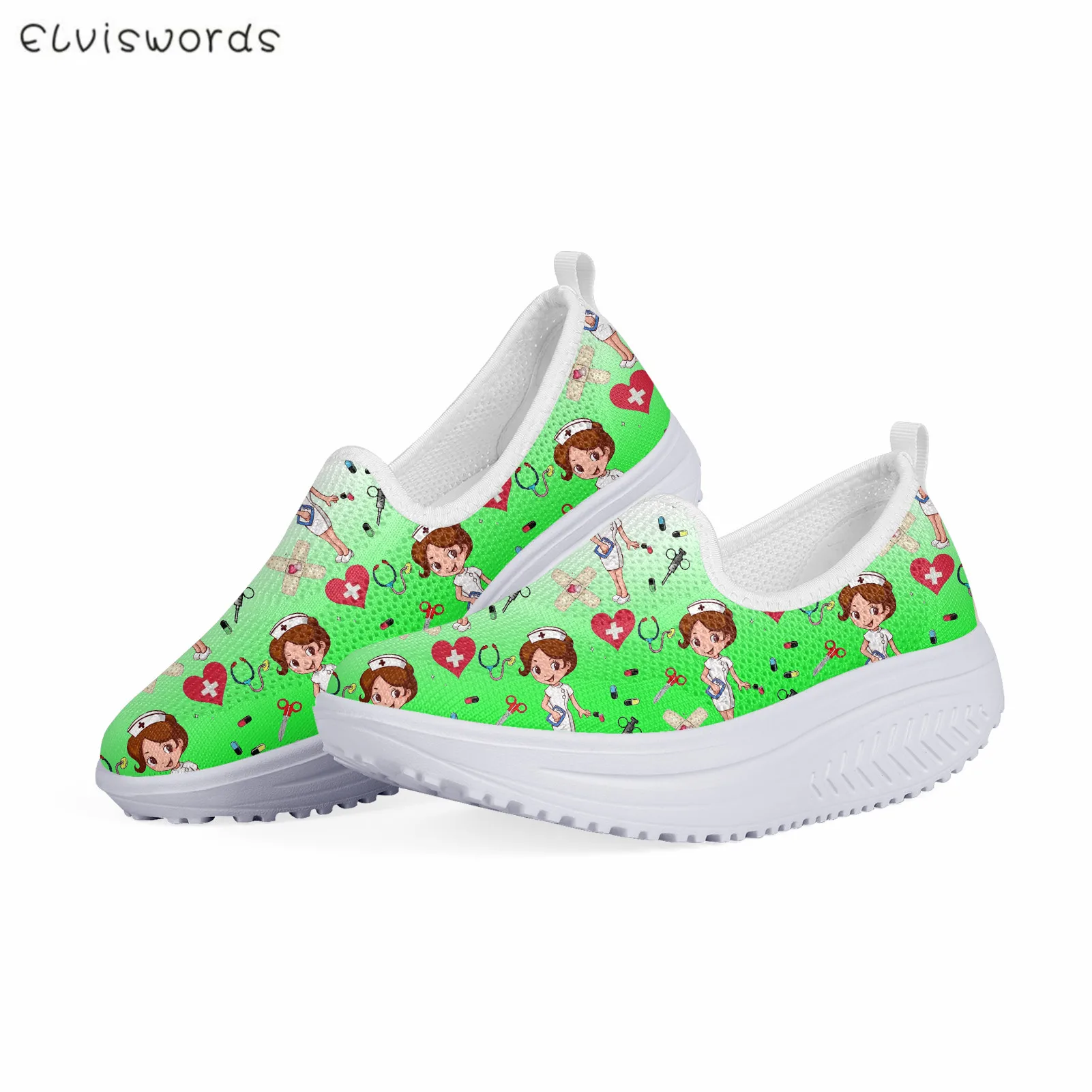 

ELVISWORDS Green Cartoon Medician Nurse Doctor Design Women Swing Nursing Shoes Comfort Fitness Footwear Mesh Platform Sneakers