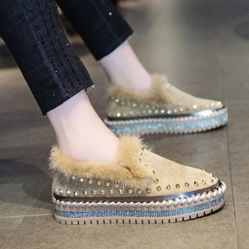 khaki with plush Прошитой подошве; теплые зимние плюшевые тапочки с мехом туфли из хлопка кружевной бант с кристаллами удобные туфли на плоской подошве, однотонные, мягкое покрытие(флок), из кроличьего меха; Туфли-мокасины без застежк - Цвет: khaki with plush