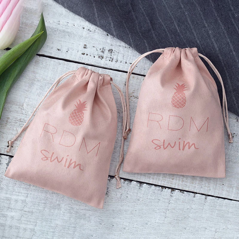 

100 Personalized Logo Print Drawstring Bags Jewelry Packaging Pouches Chic Wedding Favor Bags Pink Flannel Cosmetic Bags