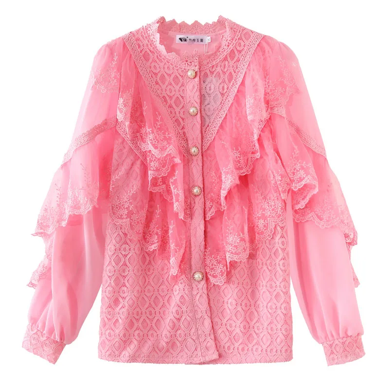 

2021Autumn Korean Sweet Loose Clothes Lace Up Ruffled Women Blouses Fashion Stand Collat Ladies Tops Vintage Lace Shirts Women