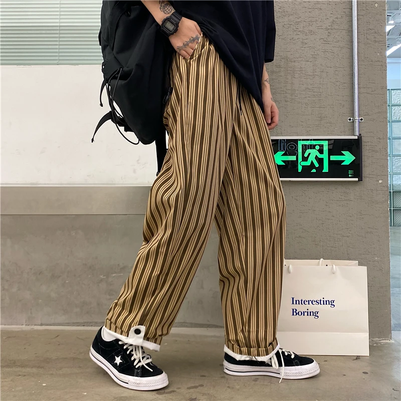

Harajpoo Women Pants Straight Casual Summer Korean Style Ins Retro Trend Loose Couple Wild Wide Leg Striped Nine Point Trousers